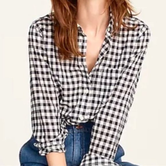 J. Crew Tops - J. Crew Navy Gingham Crinkle Boy Button Down